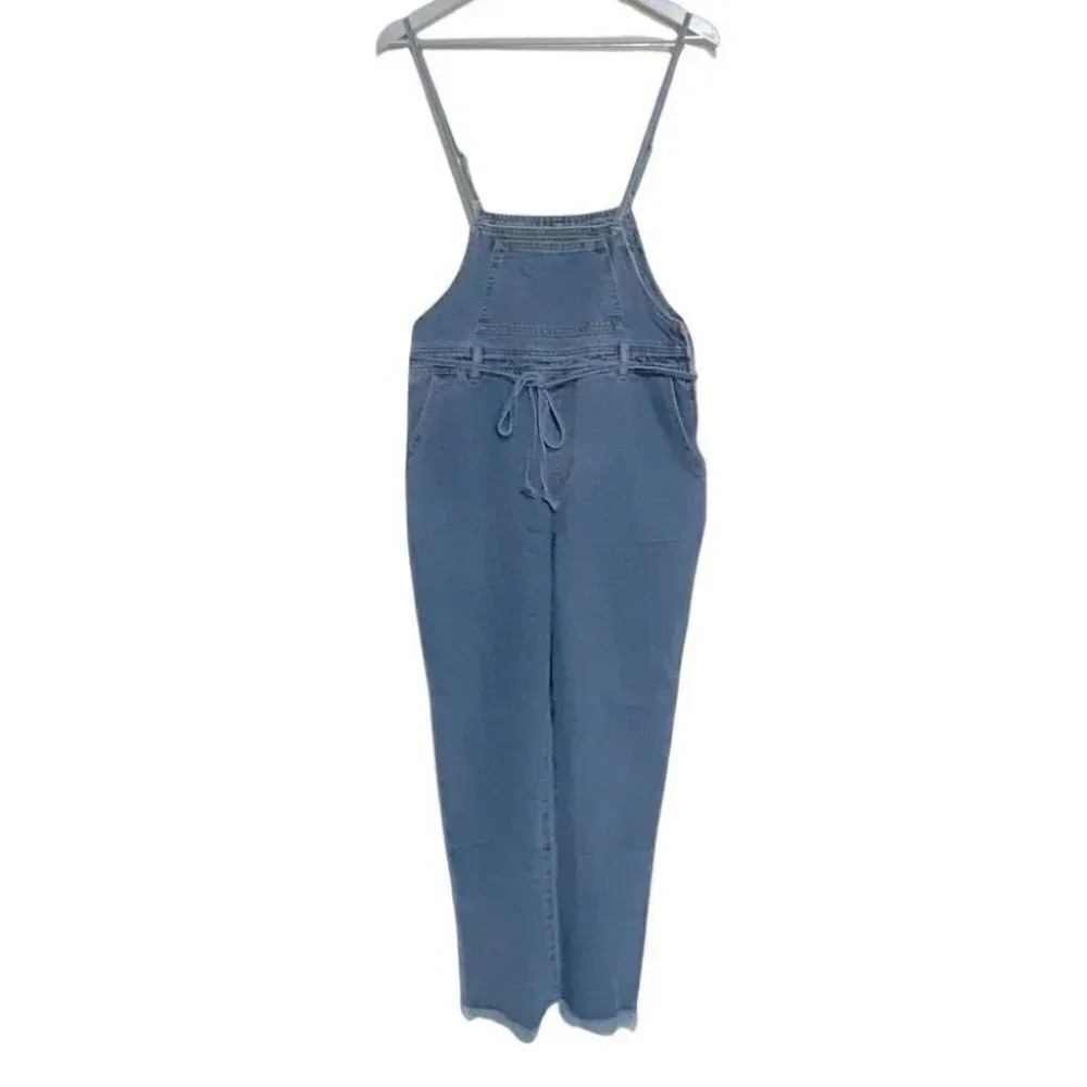 Forever 21 Denim Overalls Medium Blue‎ Drawstring Frayed Hem Contemporary